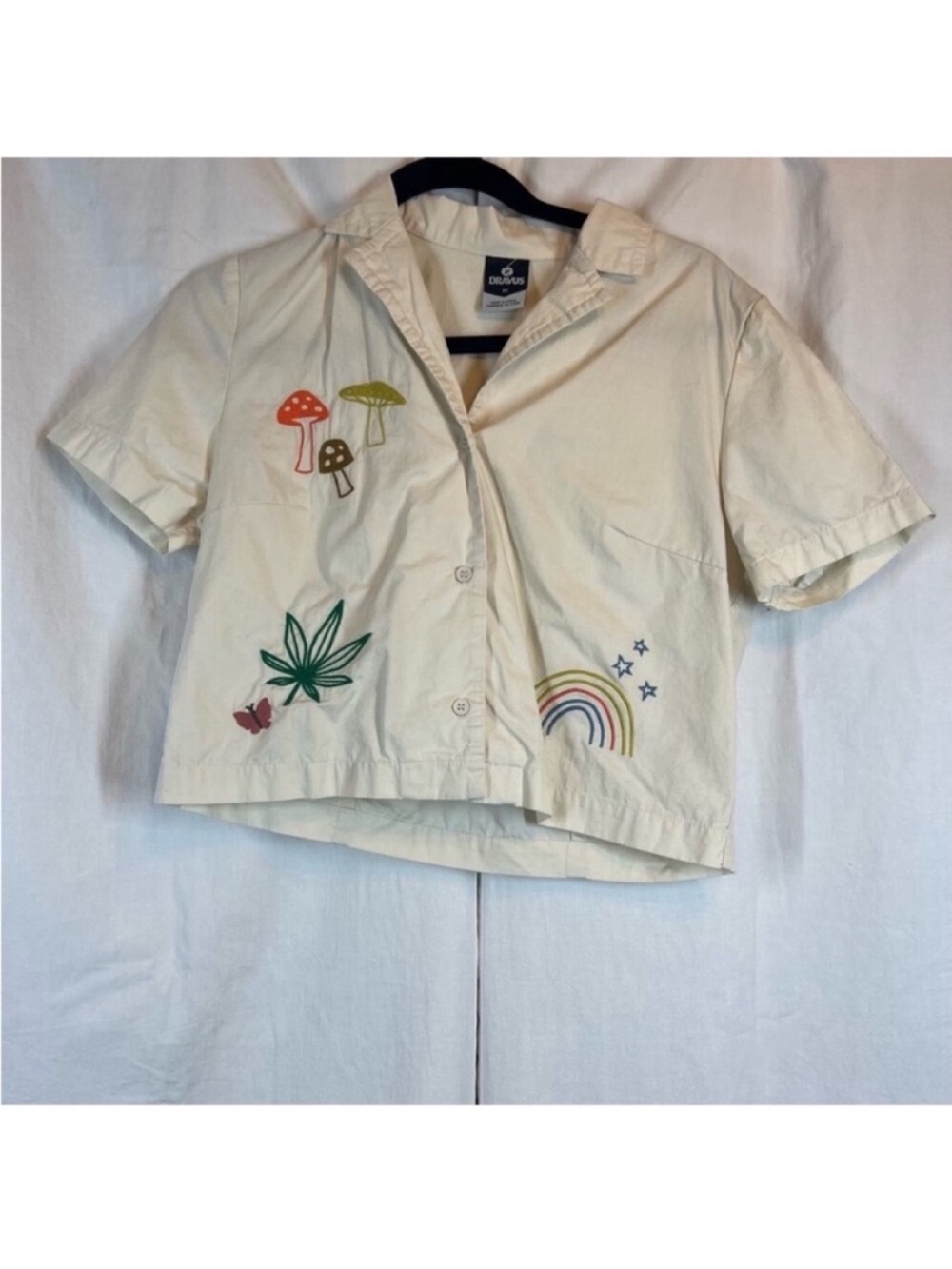 Dravus 100% cotton Buzz embroidered cream boxy crop button up shirt